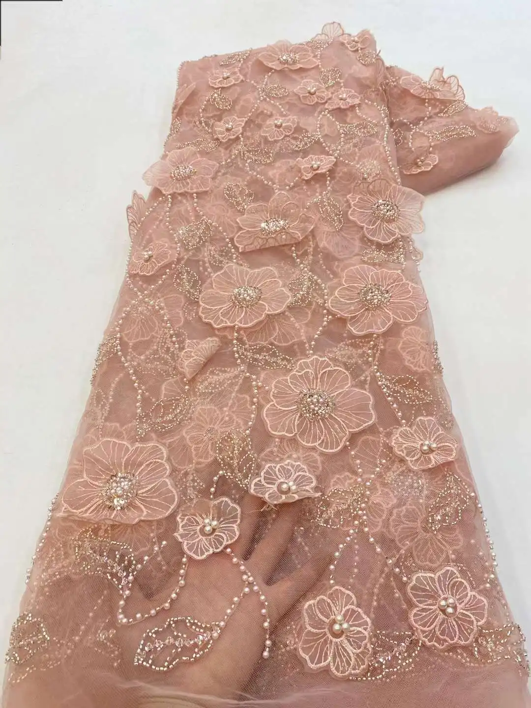 

Fashion 3D Beaded Flower Embroidery Lace Fabric Pink Sequins Lace Fabrics 2023 Luxury Nigerian Quality Mesh With Beads XZ85QA