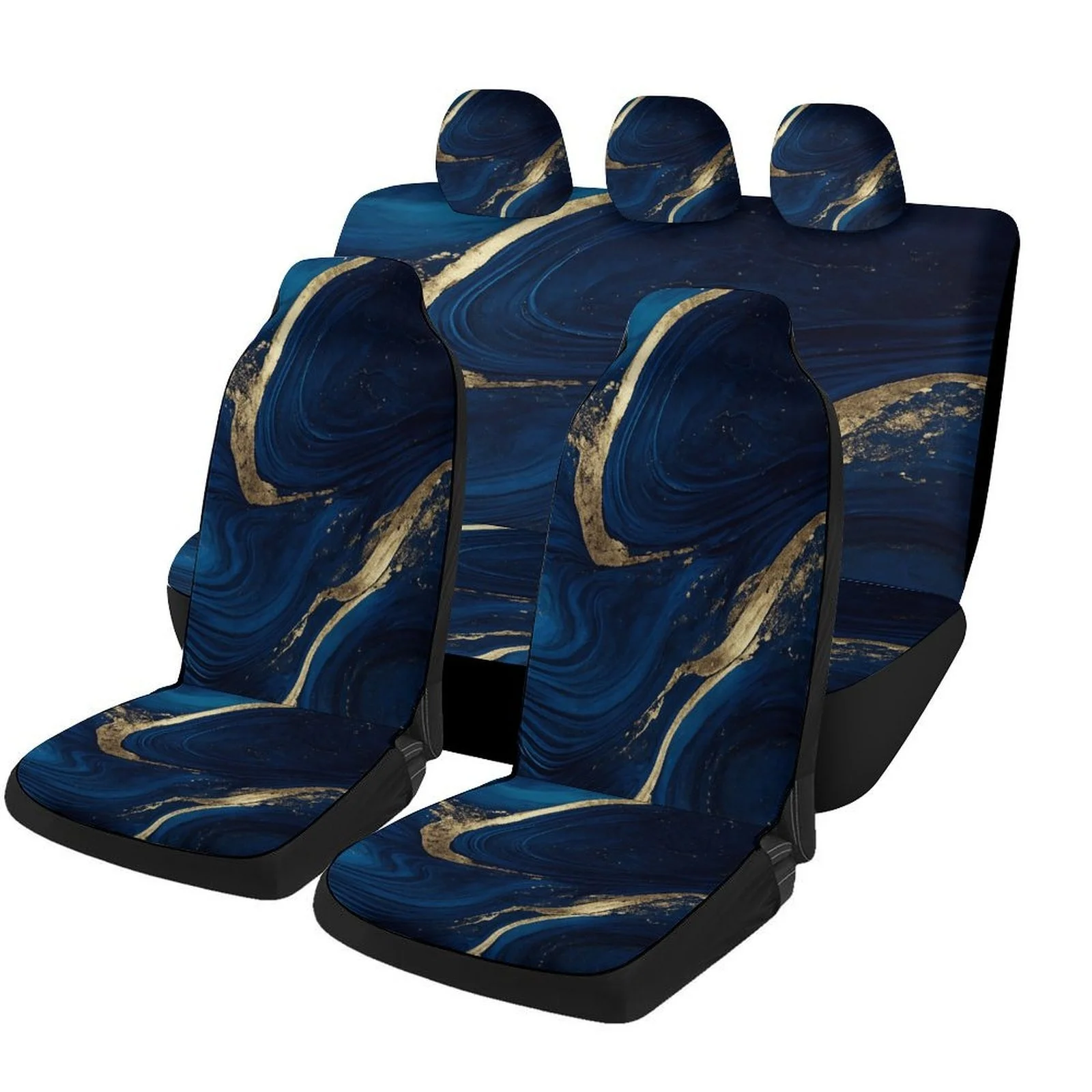 

Blue Golden Waves Themed Car Seat Cover Set For Most Cars, Decorative Trendy High-quality Car Seat Protector Covers Full Set, Un