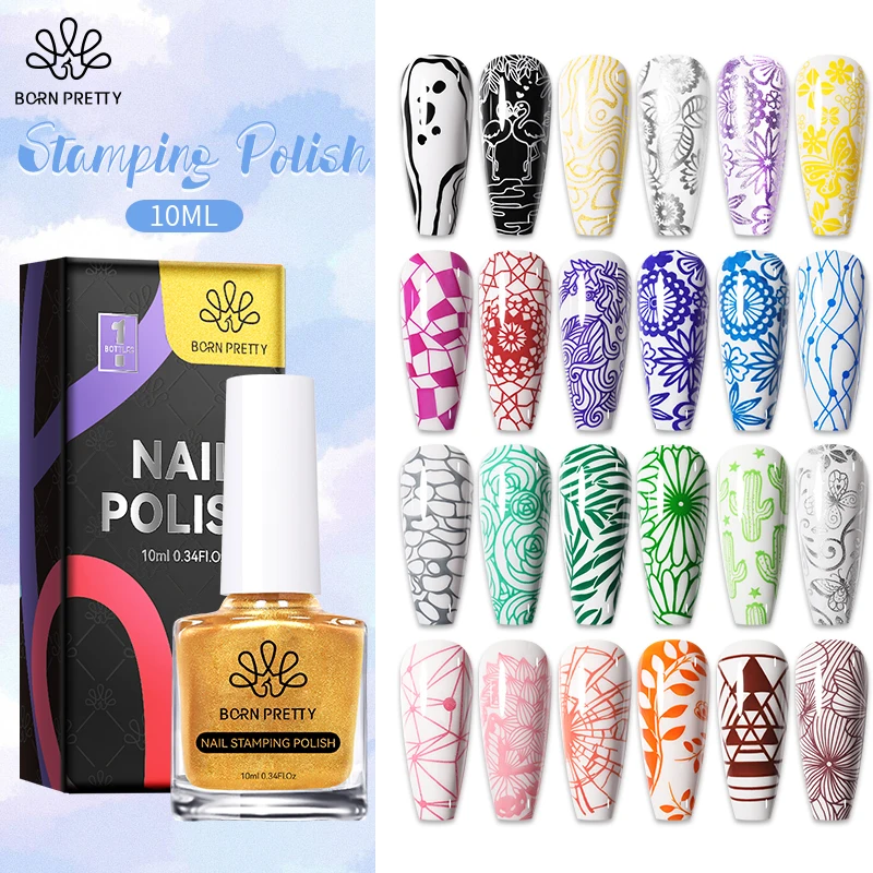 BORN PRETTY 10ml Nail Art Stamping Polish for Manicure Printing Design Black White Nail Art Varnish Need No Smudge Top Coat Oil