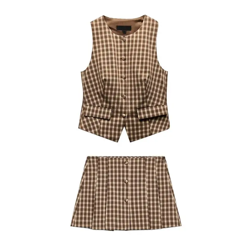 Spring New Women's Plaid Slim Vest Sle Top A-Line Skirt Pants Faion Set ort Sve round Ne Button Dr Code