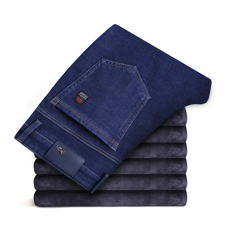 Pantalones vaqueros cálidos de lana para hombre, pantalón vaquero grueso informal de negocios de estilo clásico, corte Regular, color negro y azul, novedad de invierno de 2024