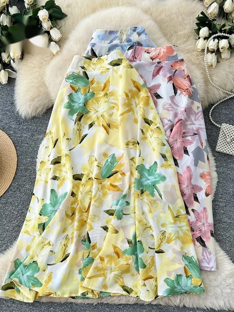 

Summer Floral Romantic Skirt Spring High Waist Loose French Style Versatile Women Print Vacation Casual A-line Skirt