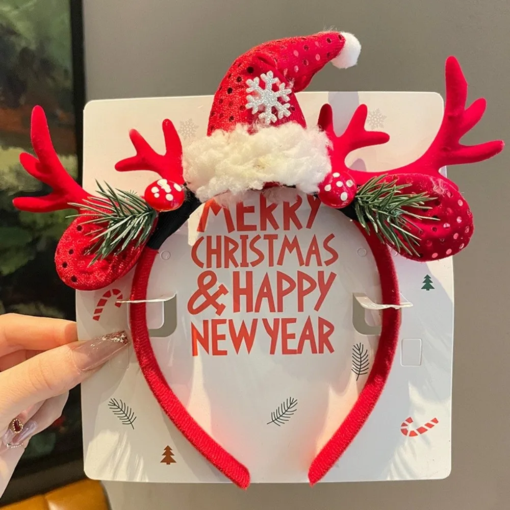 Cosplay Red Velvet Antler Hairband Velvet Bow Snowflake Christmas Reindeer Headband Lightweight Berry Holiday Headwear Party