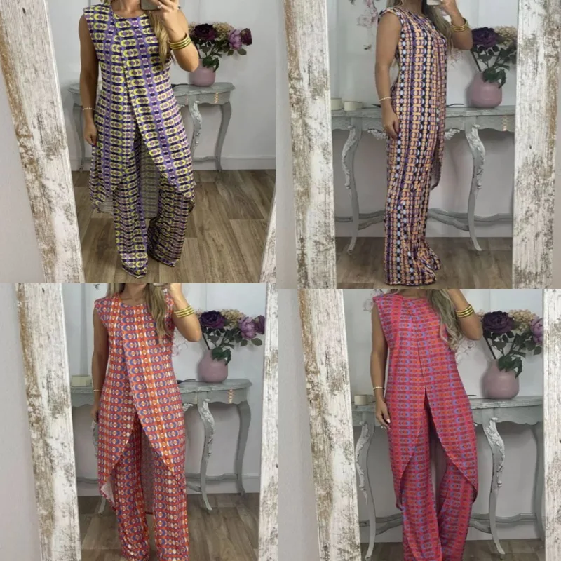 

New Autumn Print Sleeveless Irregular Slit Vest Long Top and Trouser Suit Female Summer 2023