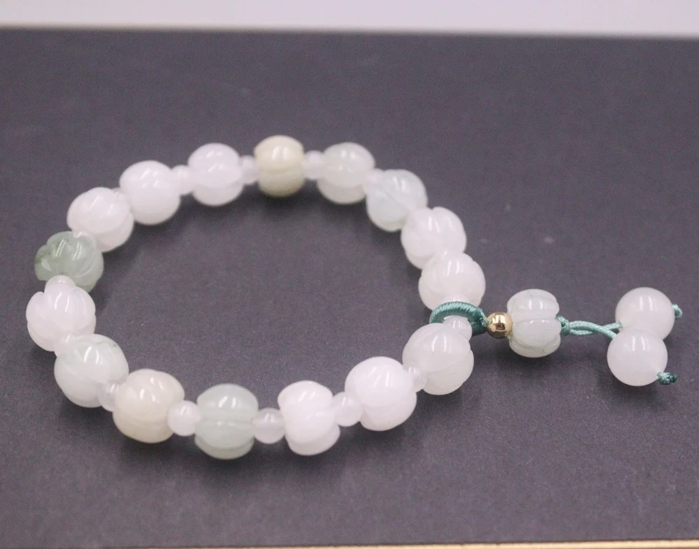 Natural White Jade Men Women Bless Lucky Gift 10mm Carved Pumpkin Beaded Bracelet