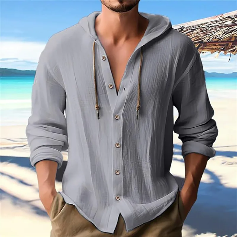 Autumn Men\'s Beach Travel Long sleeved Shirt Hooded Cotton Linen Solid Color Casual Drawstring Cardigan Loose T-shirt Hoodies