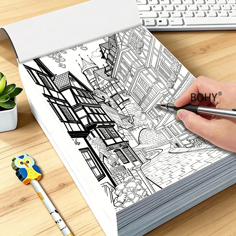 1 Immersive Stress Relieving Adult Sketching Graffiti Book, Featuring European Street View/Retro Girl/Forest and Other Patterns