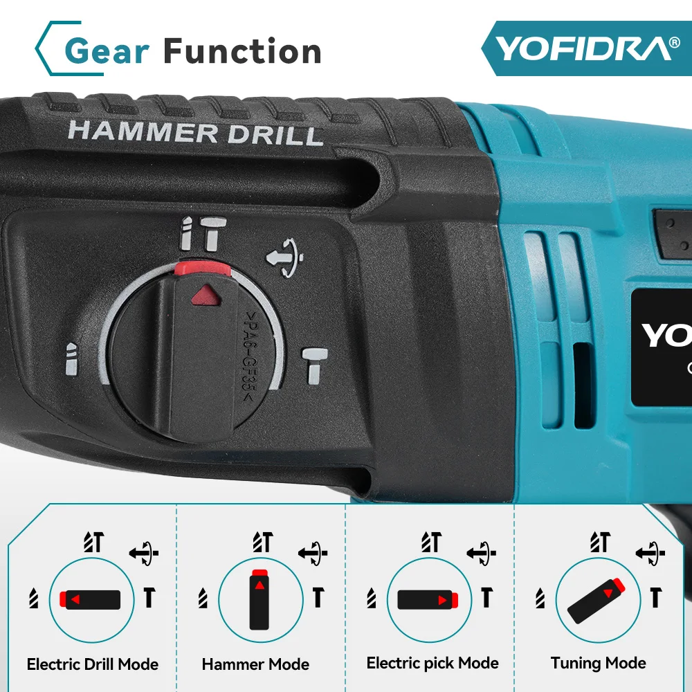 YOFIDRA 26MM Brushless Electric Hammer Drill Multifunctional Rotary Cordless Rechargeable Power Tools For Makita 21V Battery Pin