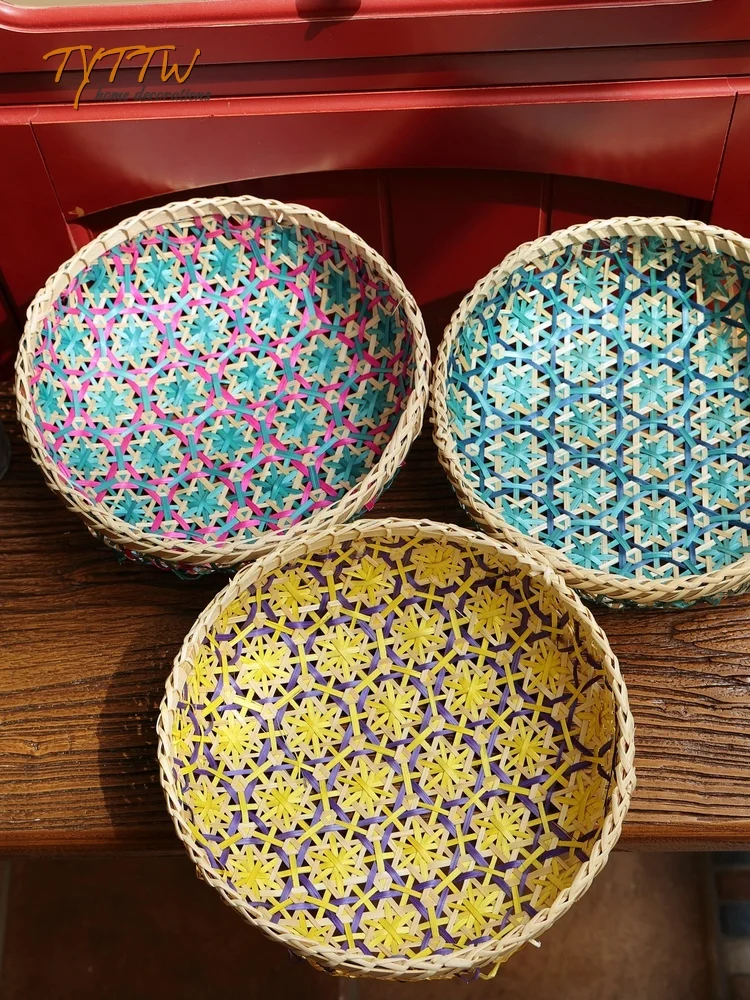 Colorful Natural Wicker Art Hand-Woven Decoration B & B Flower Basket Storage Tray Shooting Props