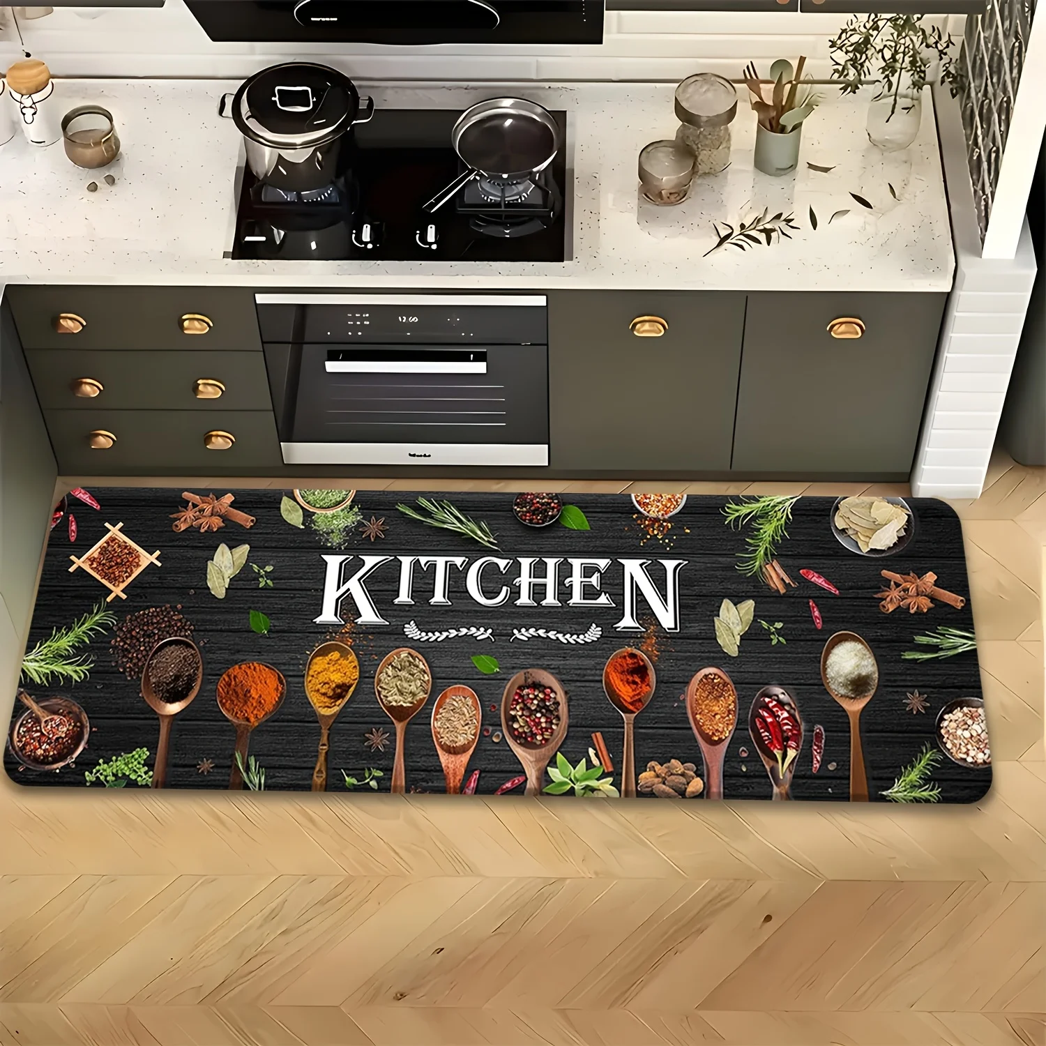 Rustic Spice Herb Spoon Floor Mat Non Slip Quick Dry Runner Dark Wood Kitchen Seasoning Pattern Carpet for Hall Kitchen Bathroom