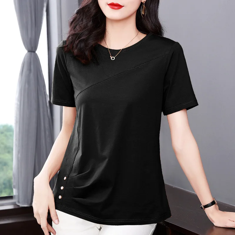 Women\'s Clothing Women Blouse Fashion casual shirt summer O-neck short sleeved elegant solid pleated top OL work Blouses Shirts