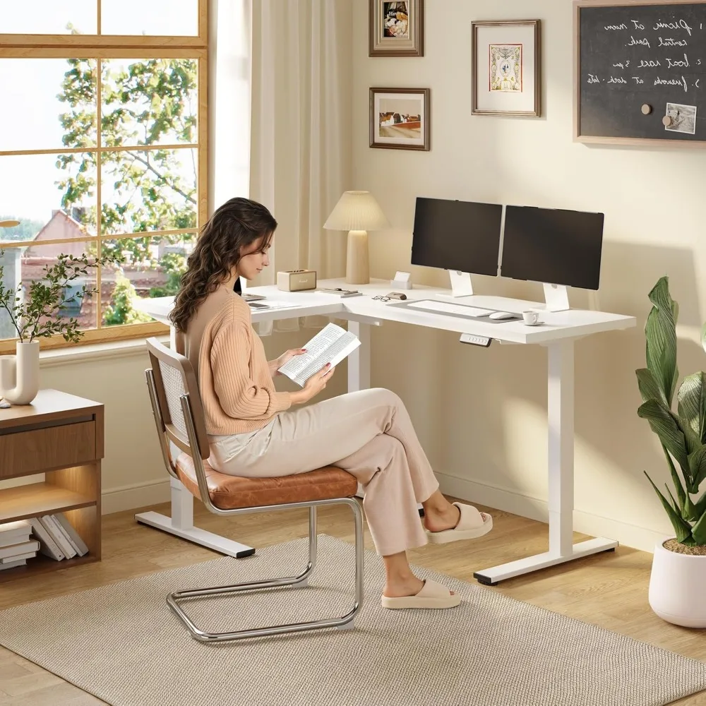 Mesa de canto elétrica em forma de L com altura ajustável, mesa de computador de suporte para sentar 63 x 48 com layout espaçoso para uso em escritório doméstico