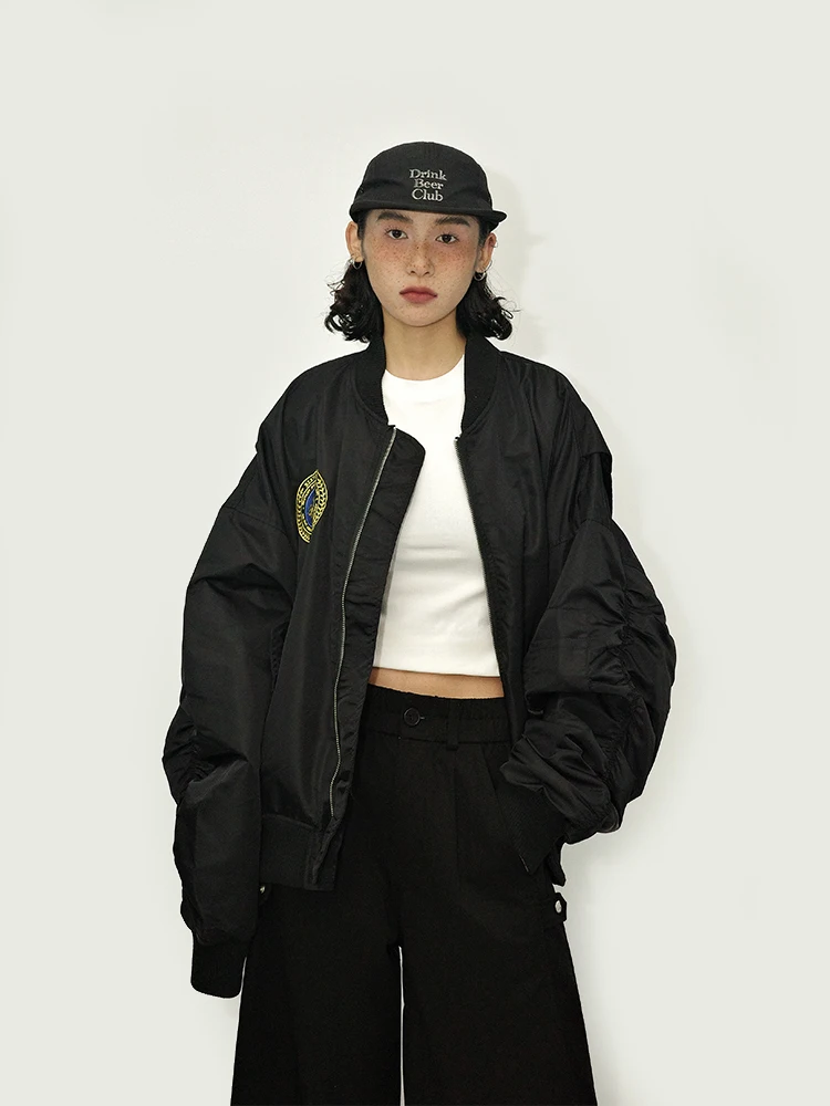 Guluwao Baseball Jacket Flight Coat Black Loose Fit Unisex Retro Style Long Sleeve Zipper Closure Casual Outerwear