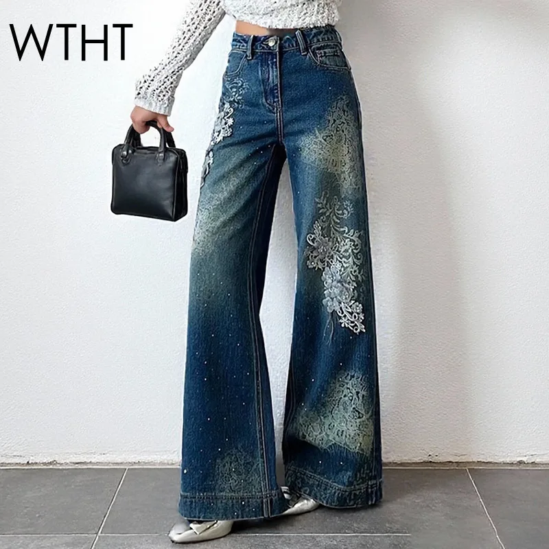 

WTHT модные женские прямые джинсы со сращенными 3D цветами и бриллиантами, зима 2025, стеганые джинсовые брюки с высокой талией, женские 1LS2711
