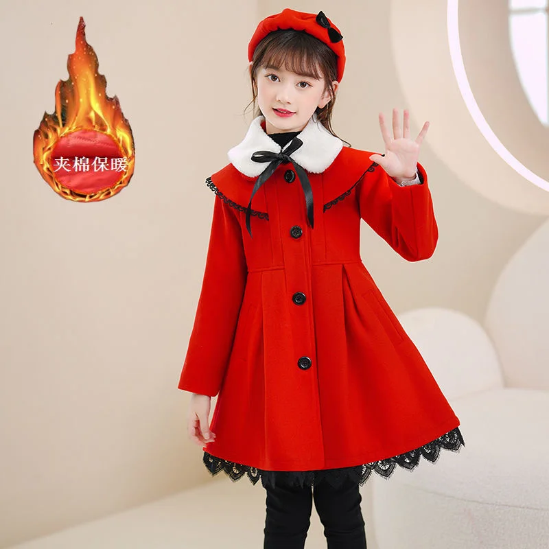 Girls Woolen Coat Jacket Cotton Outwear Windbreak 2023 Casual Warm Plus Thicken Velvet Winter Autumn Party Children's Clothing