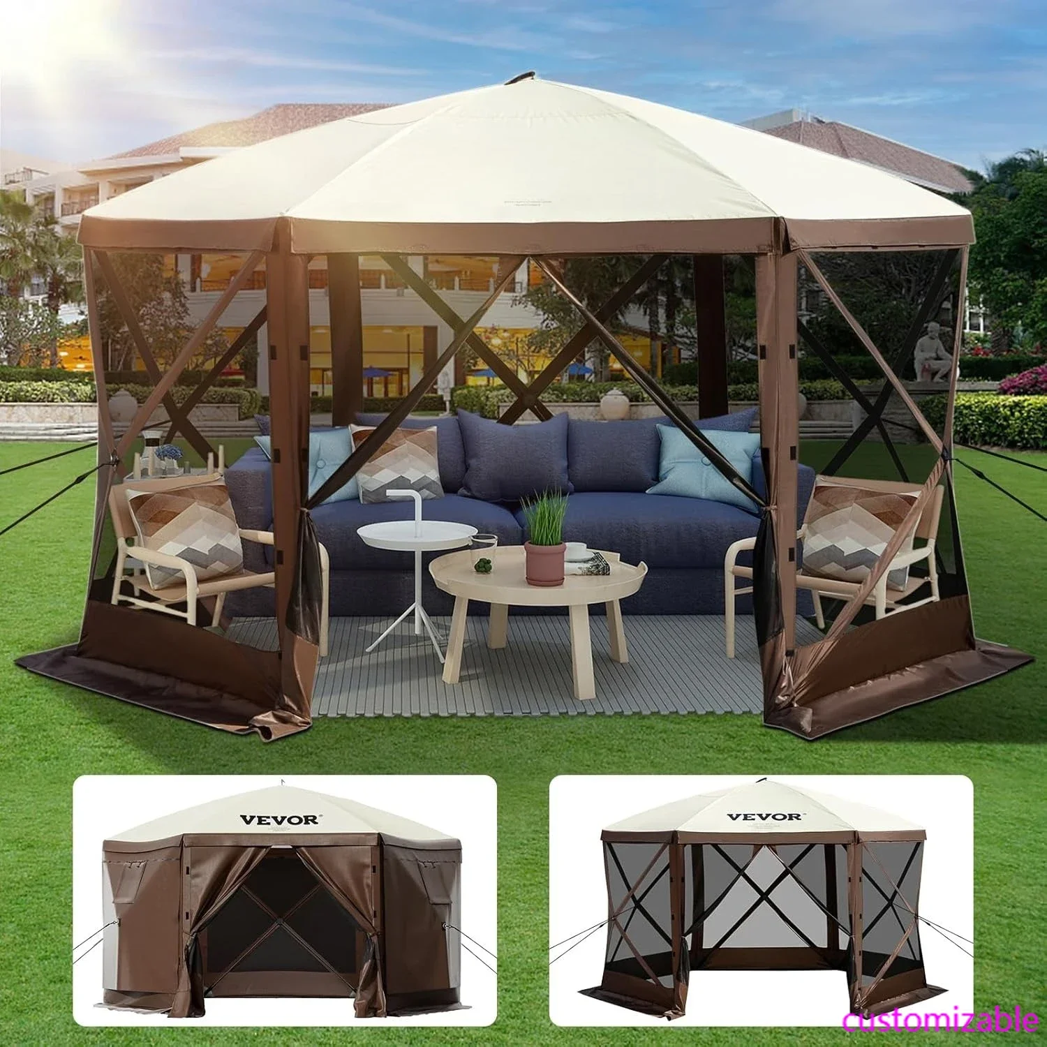 

Pop Up Gazebo Screen Tent 12 x 12 Ft,6-Sided Camping Gazebo Instant Canopy Sun Shelter with 6 Removable Privacy Wind Cloths,Lawn