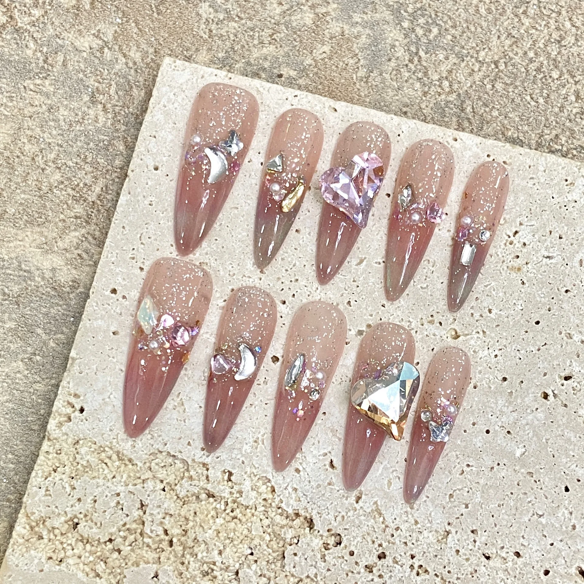 Puntas de Uñas postizas, 10 piezas, Rosa degradado desmontable, diamantes de imitación franceses, almendra larga, stiletto acrílico hecho a mano