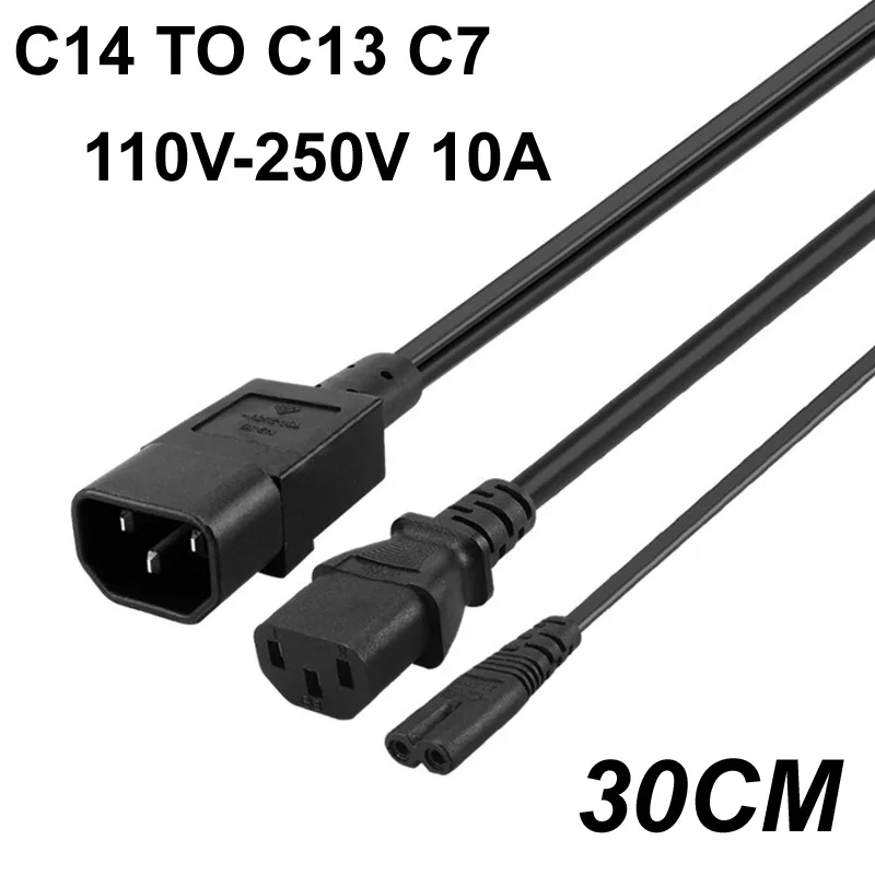 

30CM 110V-250V 10A IEC320 C14 TO C13+C7 Y Splitter AC Power Adapter Cable Cord C4 to C17 For PC Monitor Scanner And Printer etc