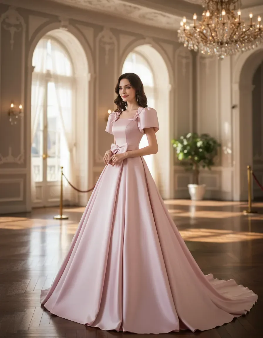 

Pink Satin Prom Dress Puff Sleeve Square Neck with Bow Lace-Up Back for Wedding Guest Quinceanera Graduation Party