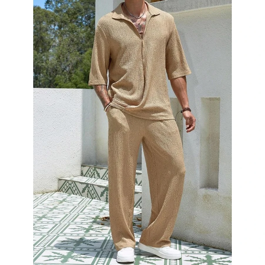 Men's Casual Shirt And Pants Set Long Sleeve Polyester Four Seasons Suitable Leisure Sportswear Ensemble