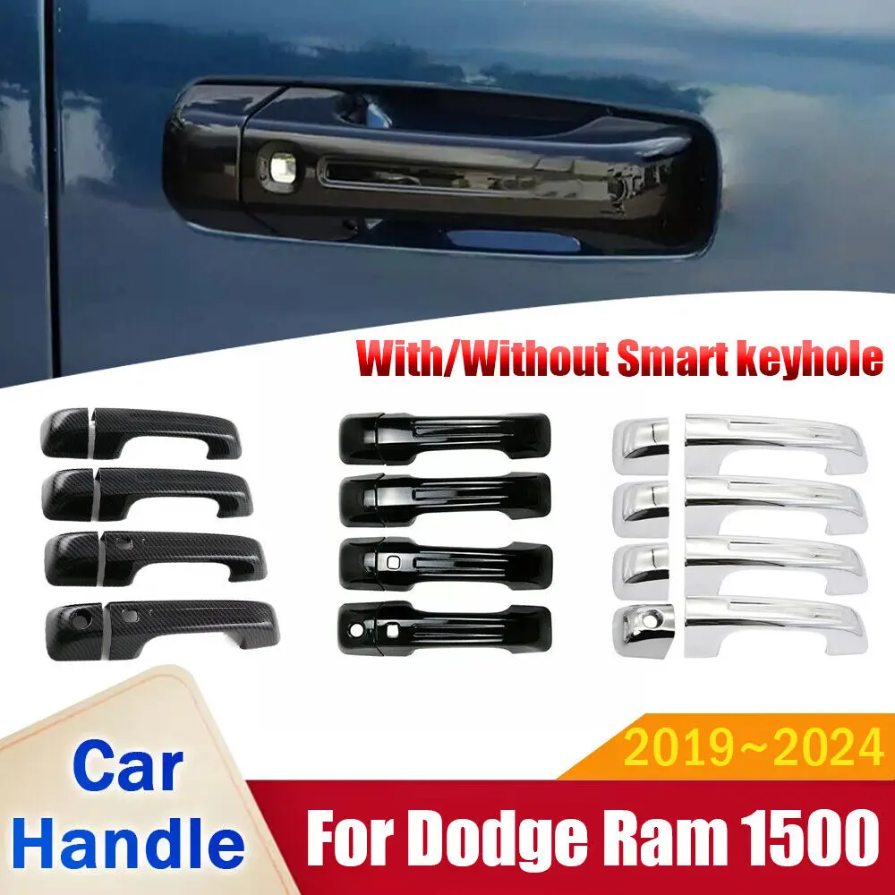Para Dodge Ram 1500 2019-2024 pegatina de coche estilo de fibra de carbono manija de puerta Exterior plateada moldura cubierta embellecedora accesorios de decoración
