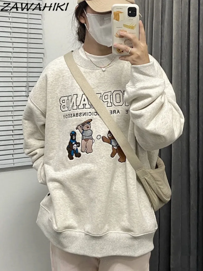 

Sweatshirt American Retro Cute Japanese Sweet Letter Cartoon Embroidery Chic Fall Winter Loose Kpop Harajuku O-neck Tops Mujer