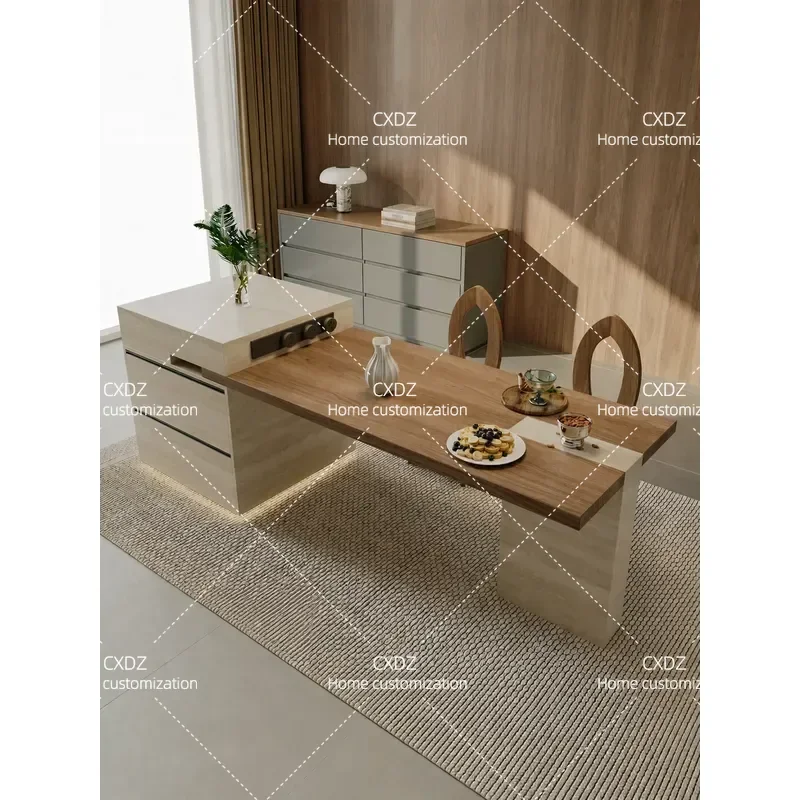 High End Yellow Travertine Slab Island Dining Table Integrated Retractable Multi Functional Kitchen Center Island 2026 New