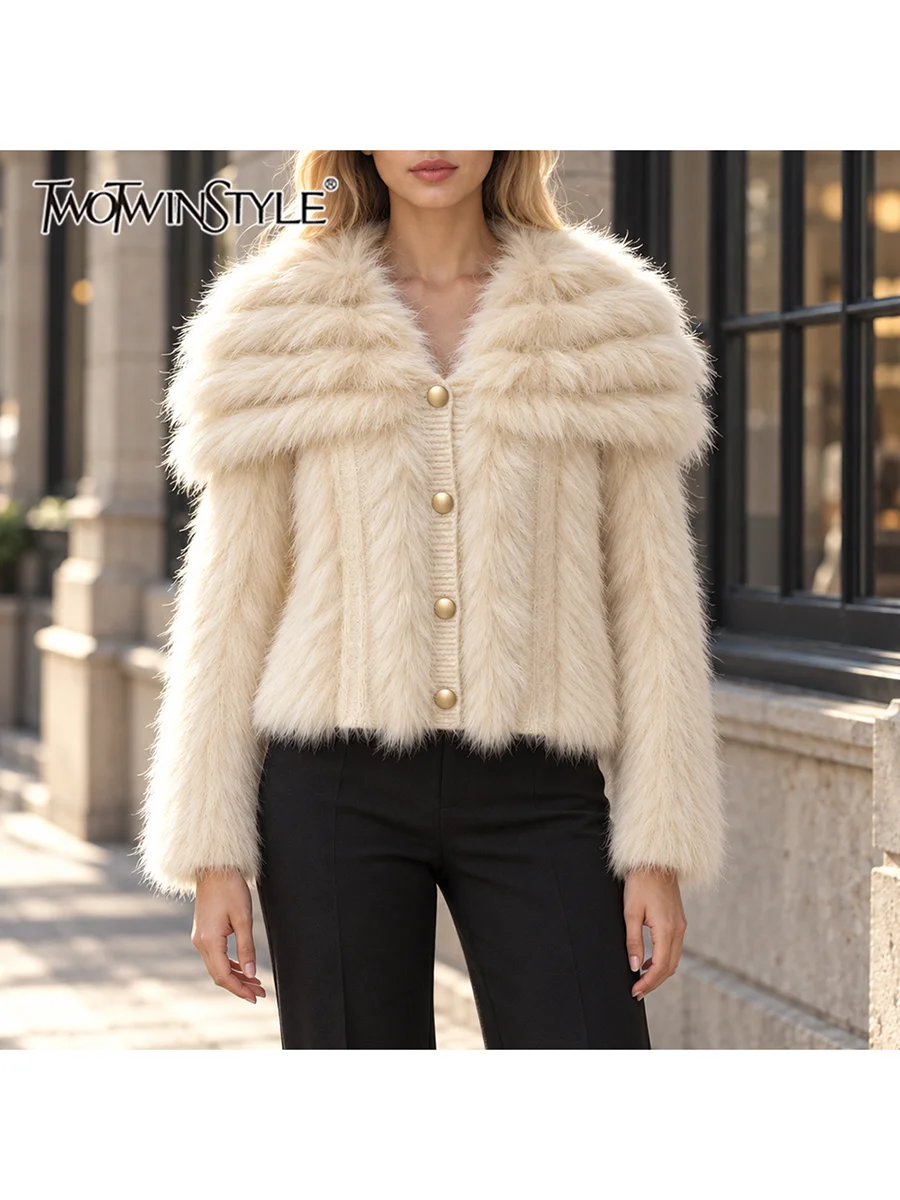 TWOTWINSTYLE Fluffy Spliced Knitting Loose Cardigan for Women Lapel Collar Long Sleeve Patchwork Button Sweater Female Fashion