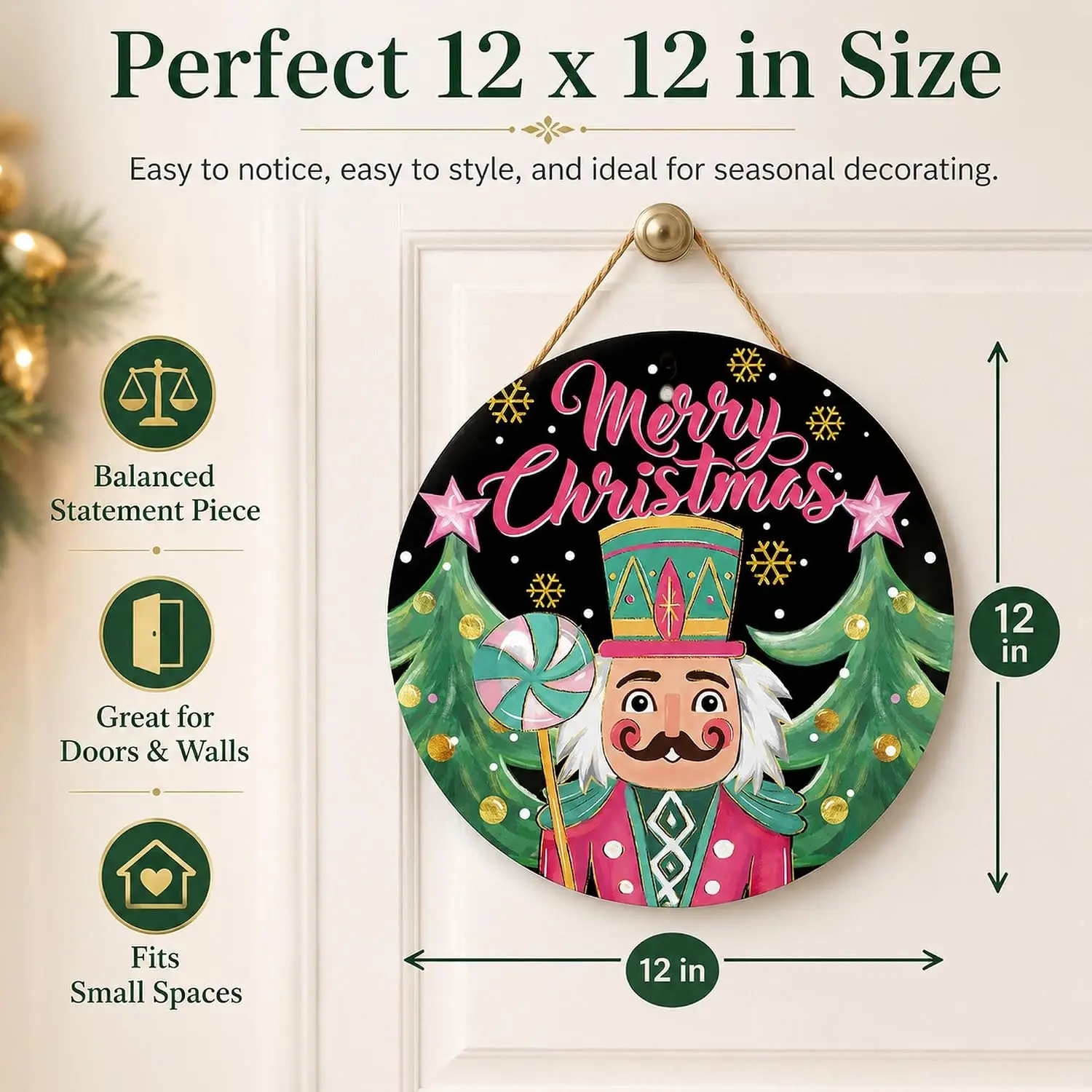 Nutcracker Christmas Door Sign 12 Inch Round Pink Teal Merry Christmas
