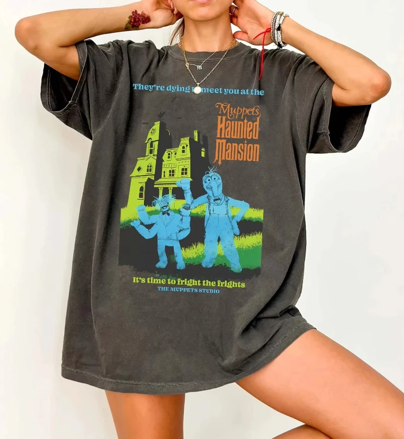 Camiseta Unisex de Disney Muppet Haunted Mansion Gonzo Pepe The King Crew, ropa de calle de algodón de alta calidad para todas las estaciones