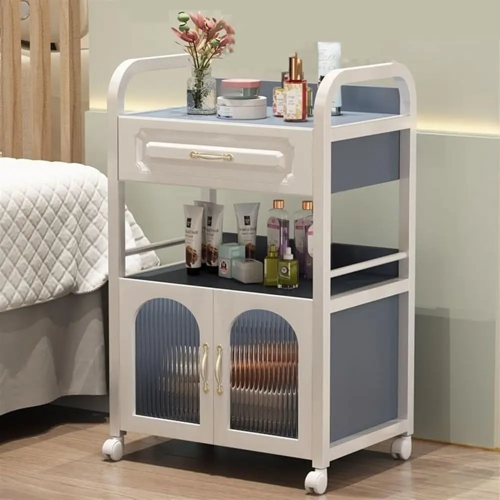 

Профессиональная синяя салонная тележка с колесами, мобильная рабочая станция для эстетики для парикмахерских, большая емкость для хранения