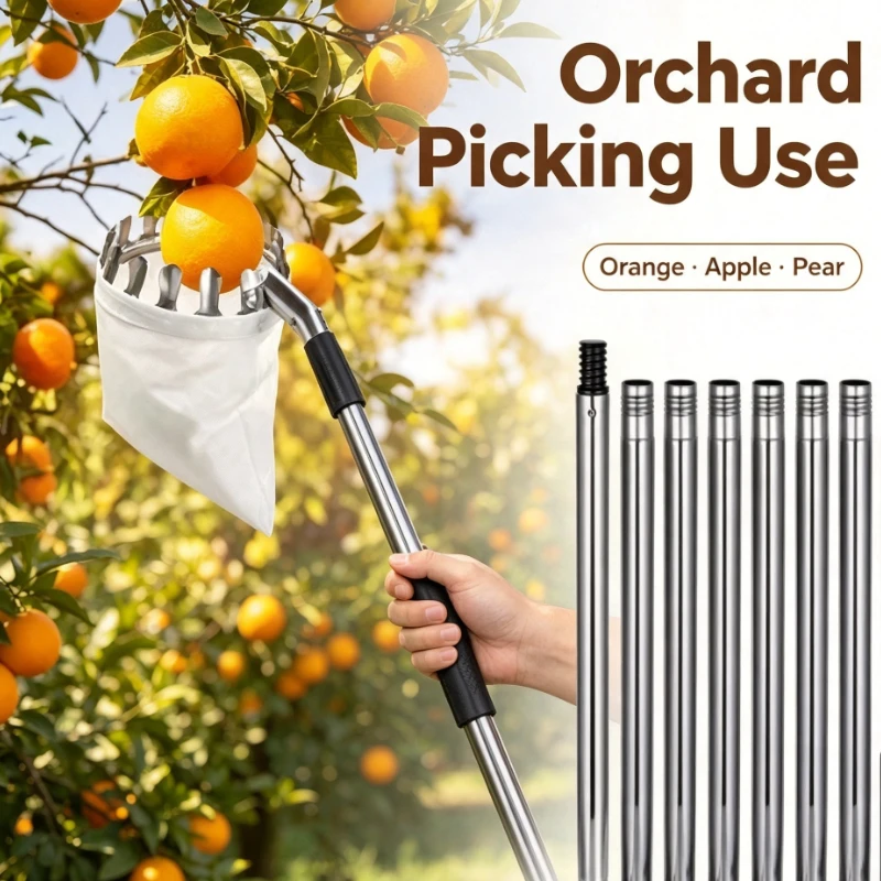 Telescopic Fruit Picker Stainless Steel Pole With Mesh Bag For High Branch Harvesting Garden Tool