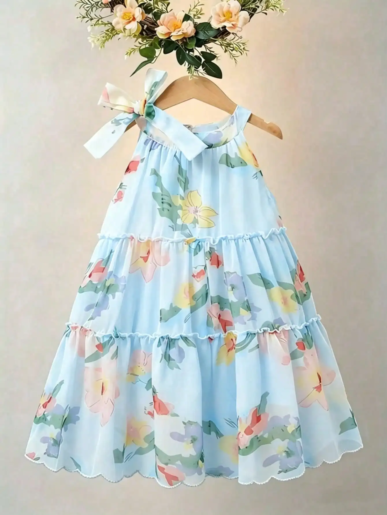 Girls Casual Comfortable round Neck Sleeveless Dress Flower Leaf Print A-Line Skirt Children's Clothing