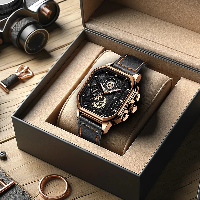 

Мужские модные кварцевые часы со спортивным календарем с черным корпусом, черным циферблатом и черным ремешком из искусственной кожи.