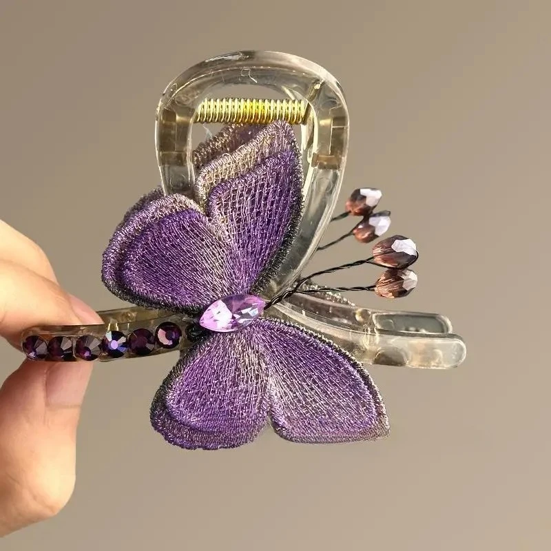 Hair Claw Clip Butterfly Embroidered Elegant Green Half-tied Hair On The Back Of The Head Shark Clip Retro Style Embroidered But view 5