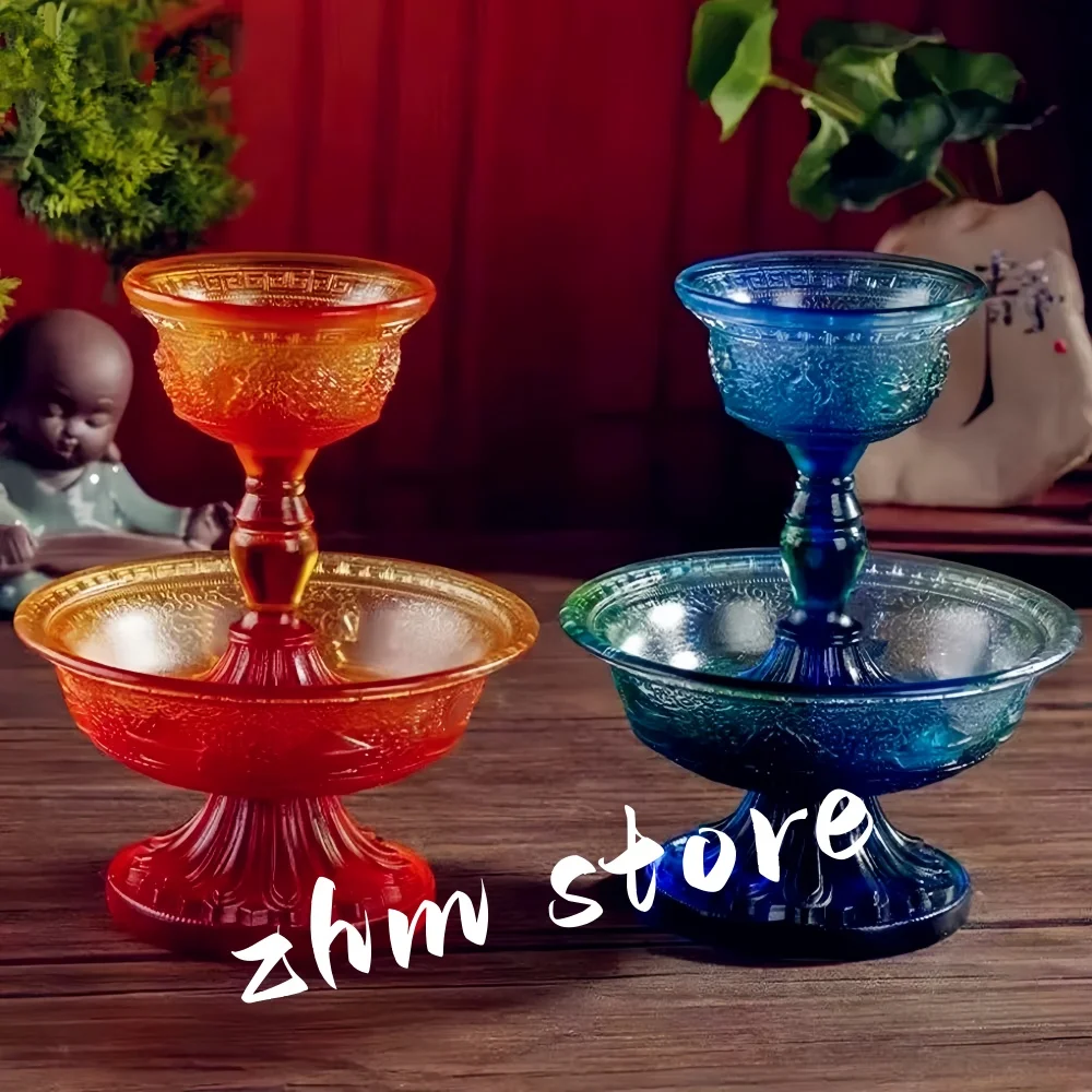 

14.3cm/18.2cm Blue/Yellow Resin Eight Auspicious Symbol Sacrificed Cups Set, Tibetan Buddhist Putting Decorate Ornaments