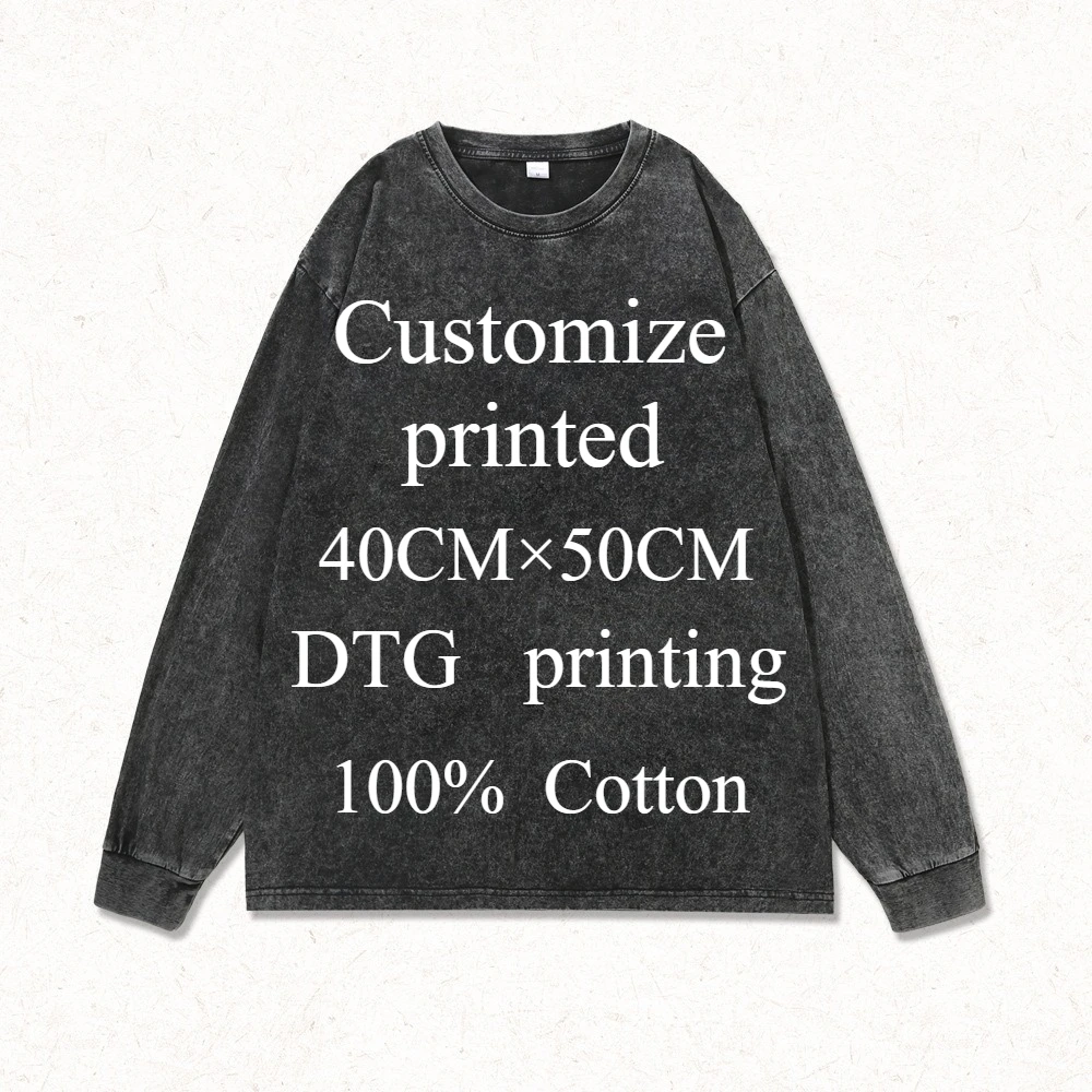 Customized LOGO Men Women T-Shirt 100% Cotton Retro Washed Tee Hip Hop Style Couple Long-sleeved Shirt Streetwear DTG Printing