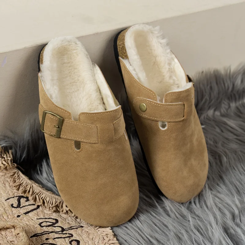 女性用コルク厚底スリッパ,カジュアルなフラットシューズ,閉じたつま先,暖かい,屋外,冬