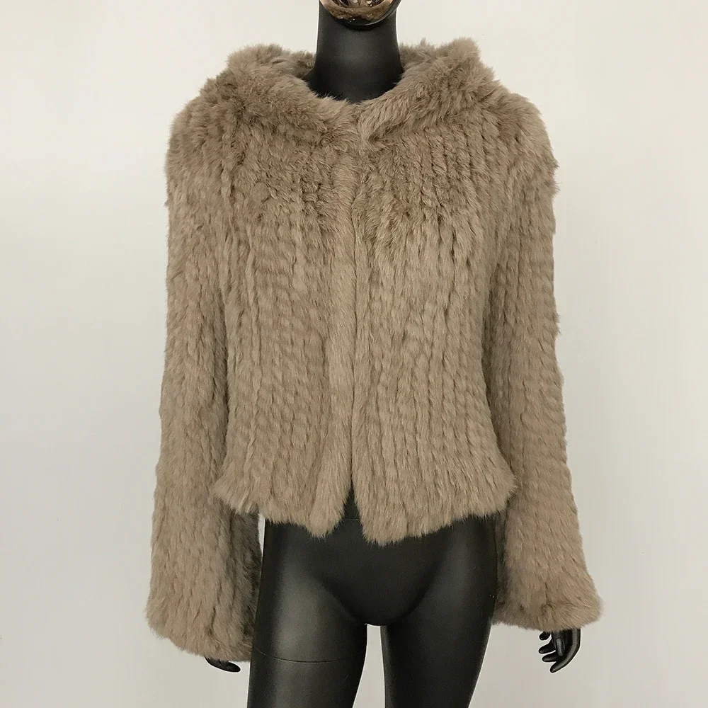 Short Rabbit Fur Coat Women's 2024 Autumn and Winter Thickened Hand-woven Knitted Fur Double-sided Hooded New Real Fur Coat
