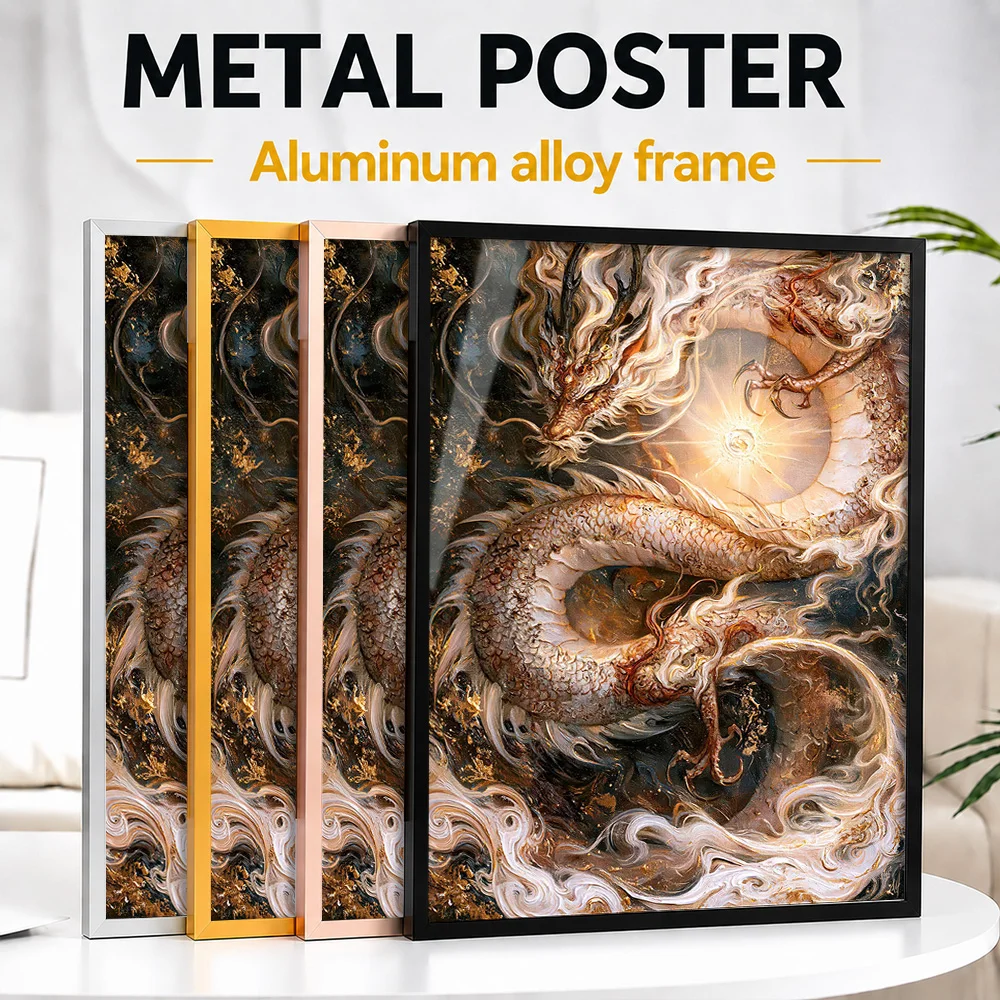 Ethereal Golden Dragon And Sun Framed Metal Poster Personalized Mythic Fantasy Tribute Wall Art For Gamers Decorating Game Room