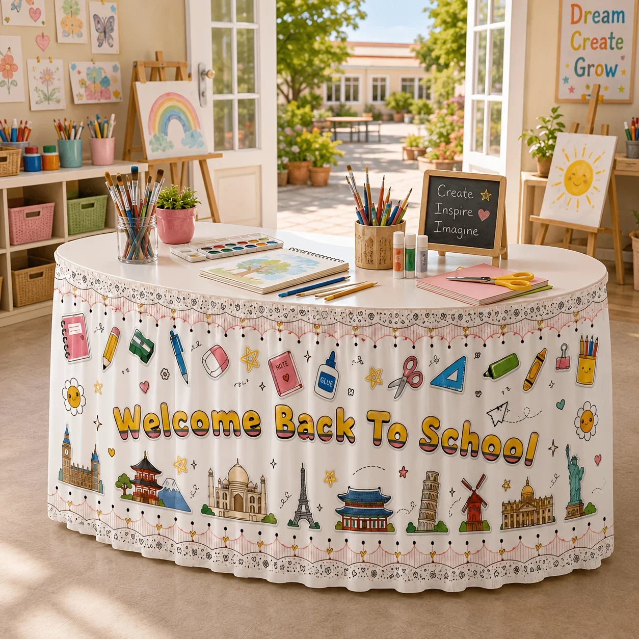 Tablecloth, table skirt 1 piece. Welcome Back to School. World Landmark Stationery Printed Polyester Table Skirt