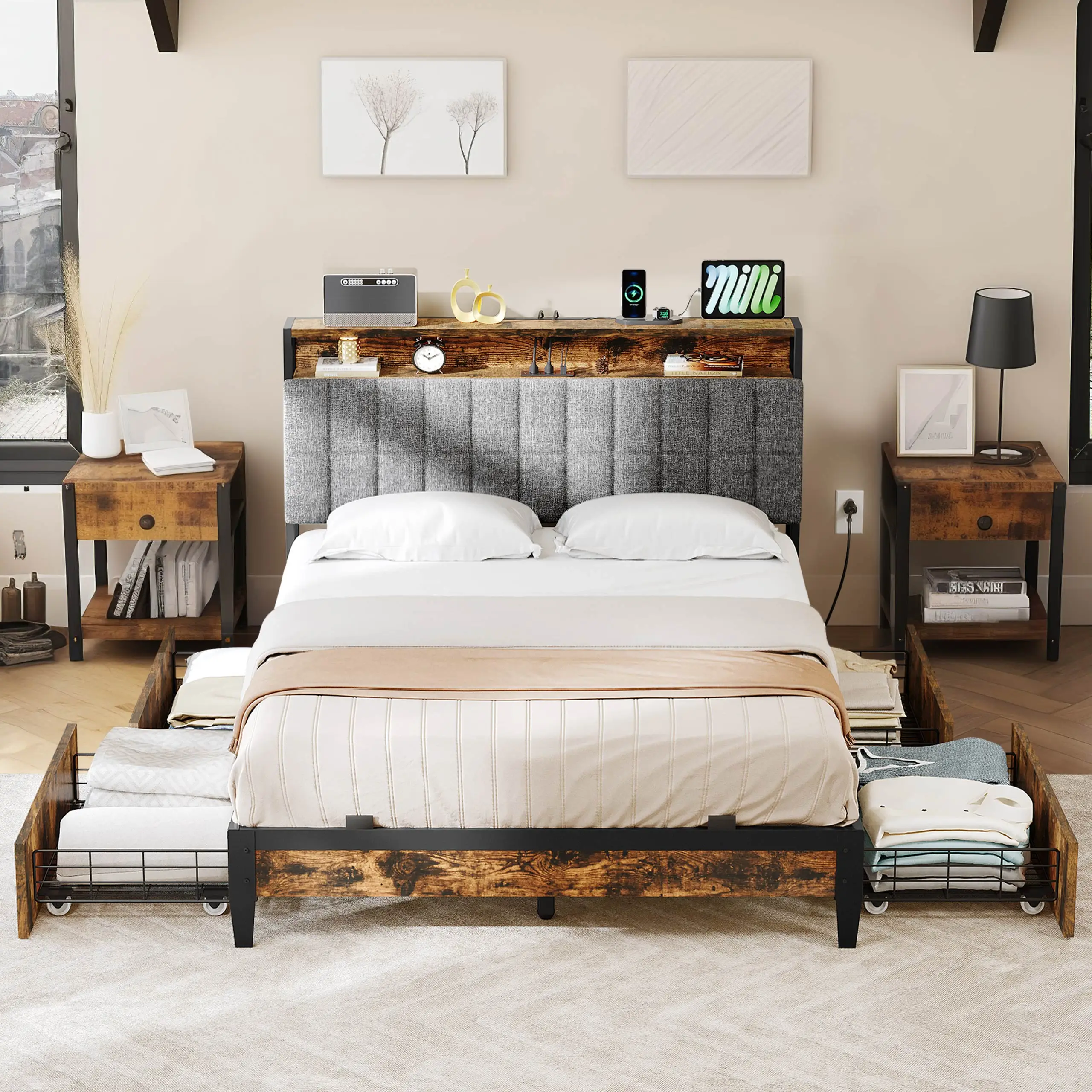 Full  Size Metal Bed Frame Upholstered Headboard Platform with 4 Drawers