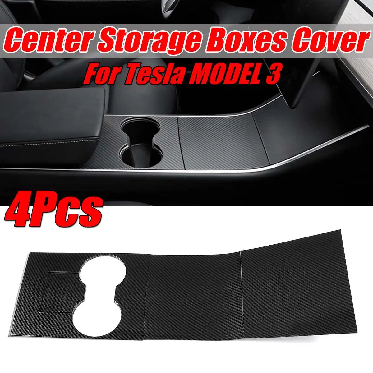 4pcs Central Console Water Cup Panel Cover Stickers Carbon Fiber Look Decoration Interior Stickers Car Styling For Tesla MODEL 3