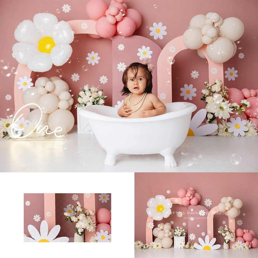 

Boho Pink Daisies Arch Backdrops Kids Newborn Photography Child Adult Photocall Props Peach Balloons Backgrounds