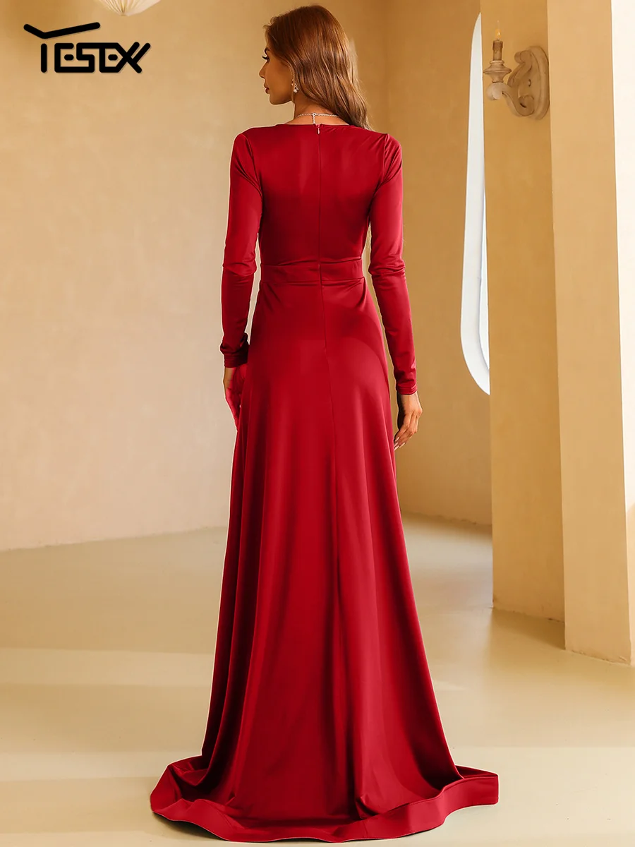 Yesexy New Chic Elegant Woman Dress Burgundy V Neck Long Sleeved A Line Split Evening Prom Formal Occasion Dresses