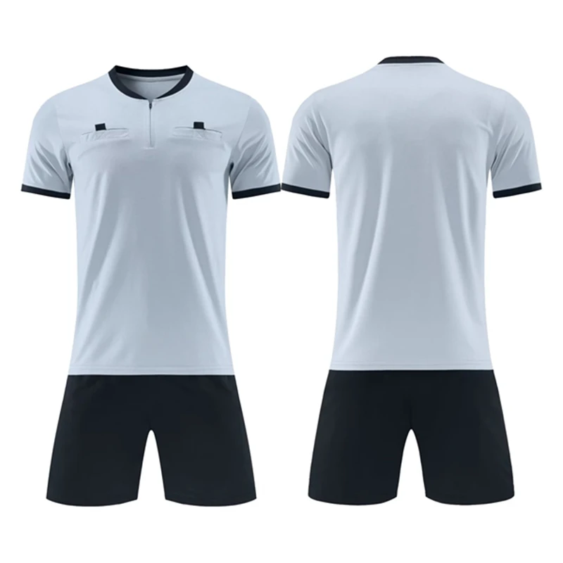 Professional Referee Soccer Jersey Set Adult Umpire Football Uniform Short Sleeve Half Zip Judge Shirt Double Pockets Shorts Kit