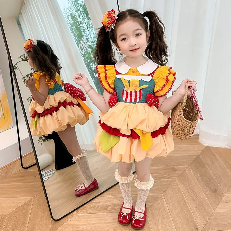 Estate Lolita Ball Gown Sweet Cute Girls camicie per bambini + bretella 2 pezzi abiti Bow Dress Princess Birthday Party abbigliamento per bambini