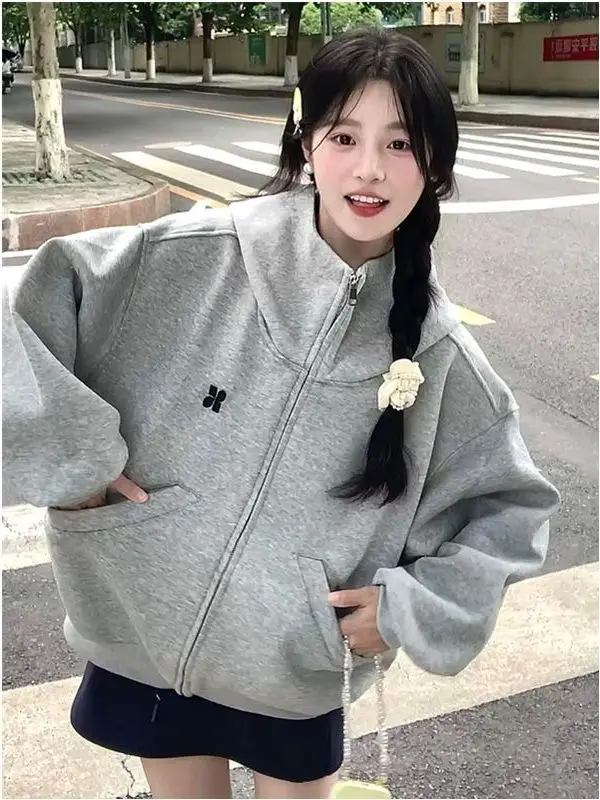 

Retro American Grey Hoodie Women's High Collar Zipper Cardigan Slimming Casual Sports Style Jacket Loose Fit Long Sleeve
