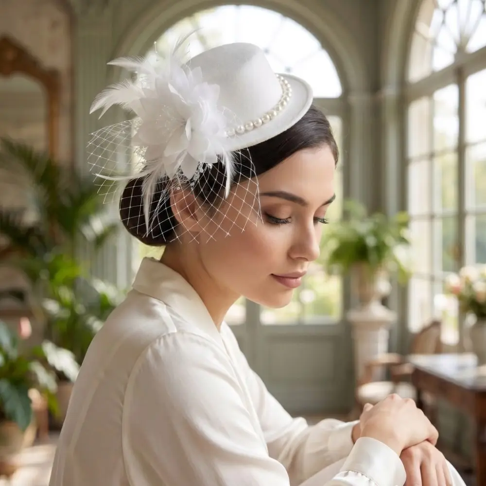 Retro Exquisite Vintage Fascinator Hat Pearl Elegant Bride Headdress Formal Hat Top Hat Masquerade Headpiece Dance Show