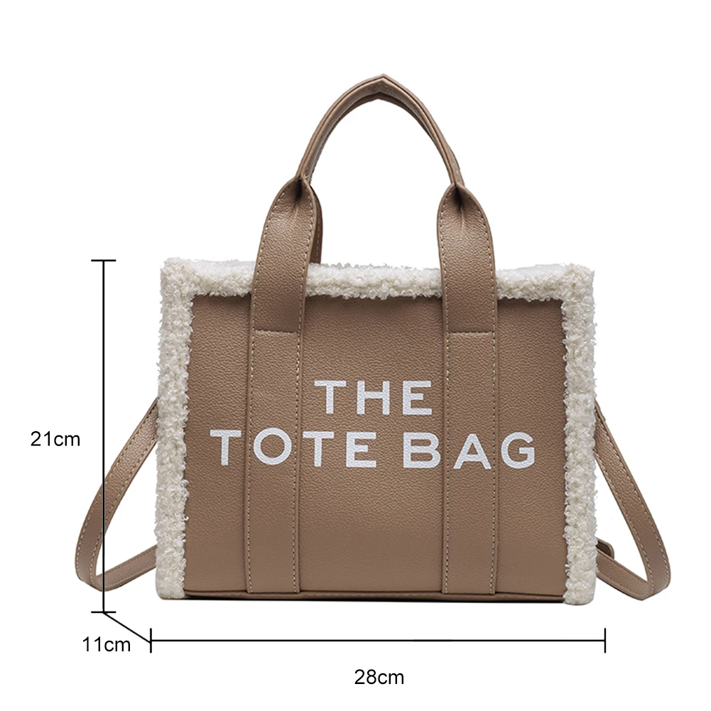 Winter Khaki Tote Bag PU Leather Female Handbags Large Casual Tote Shoulder Bags Wool Stitching Fashion Purse for Woman Girls